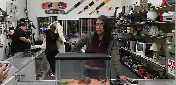  Busty latina sucks huge cock in pawnshop